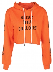 Orange Casual Floral Letters Print Long Sleeve Loose Short Hoodie