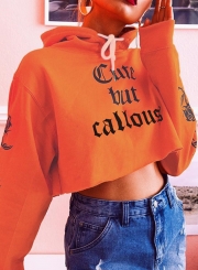 Orange Casual Floral Letters Print Long Sleeve Loose Short Hoodie