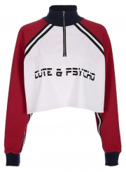 Red Casual Letters Print Long Sleeve Crop Top Loose Sweatshirt With Zip