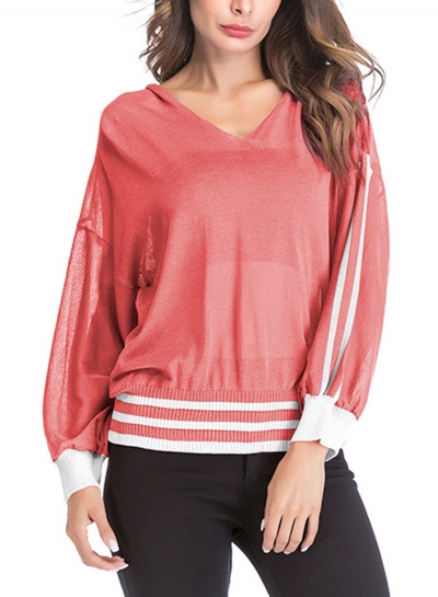 Red Casual Striped Long Sleeve V Neck Hoodie Loose Transparent Pullover Tee zecalaba.com