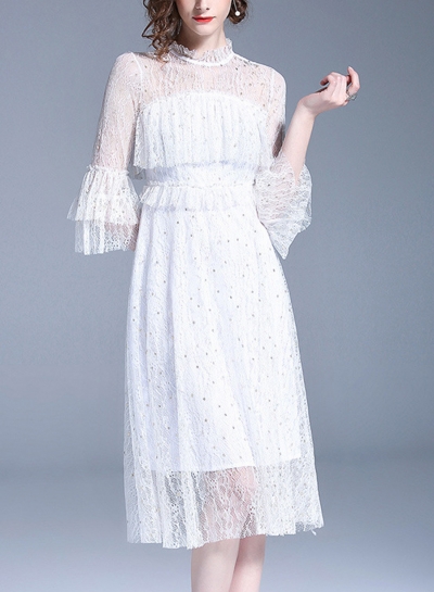 White Sweet Slim Mesh Spicing Flounce Sleeve Round Neck Women A-line Midi Dress zecalaba.com