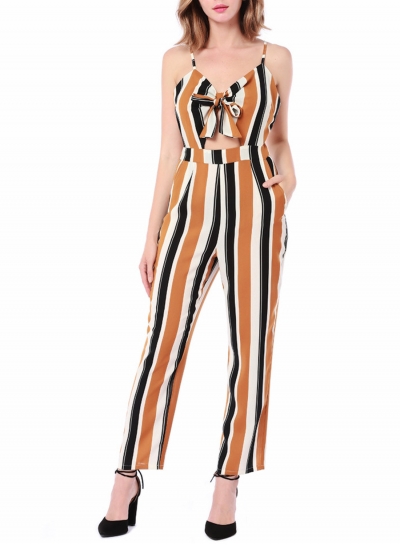 Yellow Fashion Slim Striped Floral Printed Spaghetti Strap Jumpsuit With Bow zecalaba.com