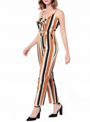 Yellow Fashion Slim Striped Floral Printed Spaghetti Strap Jumpsuit With Bow