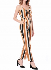 Yellow Fashion Slim Striped Floral Printed Spaghetti Strap Jumpsuit With Bow