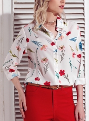 White Women's Floral Print Long Sleeve Turn-Down Collar Loose Button Down Shirt