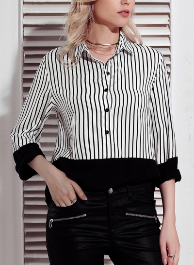 Black Women's Striped Long Sleeve Turn-Down Collar Button Down Shirt zecalaba.com