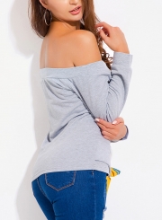 Grey Off Shoulder Long Sleeve Floral Print Lace-Up Slim Sweatshirt