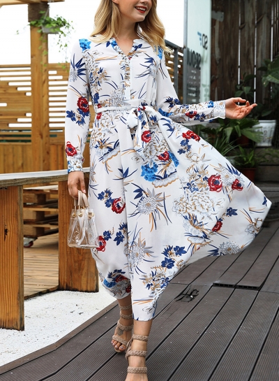 White Floral Print V Neck Long Sleeve A-line Vocation Maxi Dress With Belt