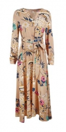 White Floral Print V Neck Long Sleeve A-line Vocation Maxi Dress With Belt