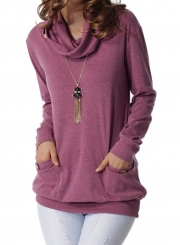 Purple Casual High Neck Long Sleeve Slim Pullover Sweatshirt With Pockets