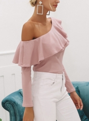 Sexy One Shoulder Long Sleeve Ruffle Neckline Loose Blouse