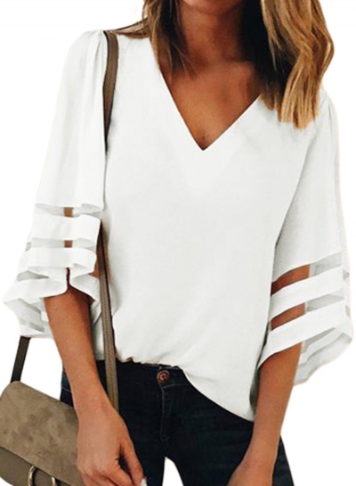 Summer V Neck Flare Sleeve Loose Solid Color Blouse zecalaba.com