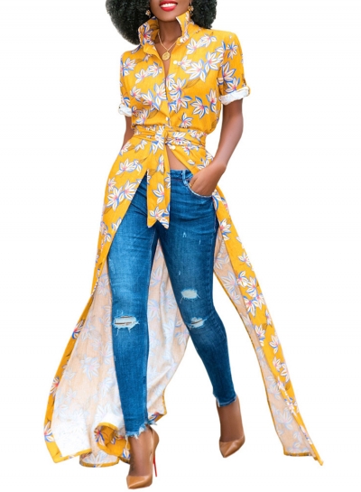 Yellow Summer Floral Print Short Sleeve Waist Tie High Slit Maxi Shirt Dress zecalaba.com