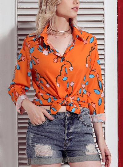 Orange Women's Floral Print Long Sleeve Turn-Down Collar Loose Button Down Shirt zecalaba.com