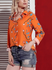 Orange Women's Floral Print Long Sleeve Turn-Down Collar Loose Button Down Shirt