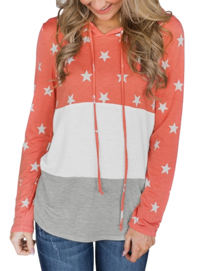 Orange Casual Starry Color Block Long Sleeve Loose Hoodie zecalaba.com