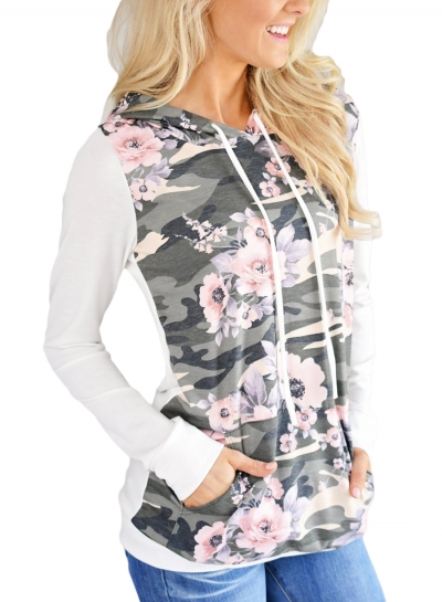 White Casual Floral Print Long Sleeve Loose Hoodie With Pocket zecalaba.com