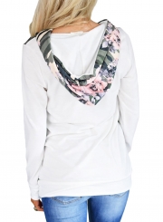 White Casual Floral Print Long Sleeve Loose Hoodie With Pocket