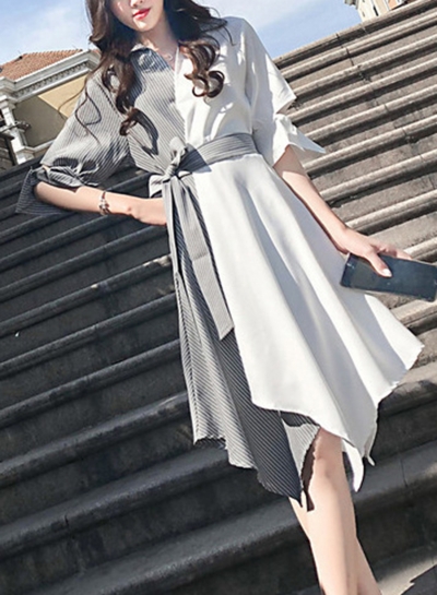 Black&white Casual Half Sleeve Irregular Color Block Midi Dress With Belt zecalaba.com