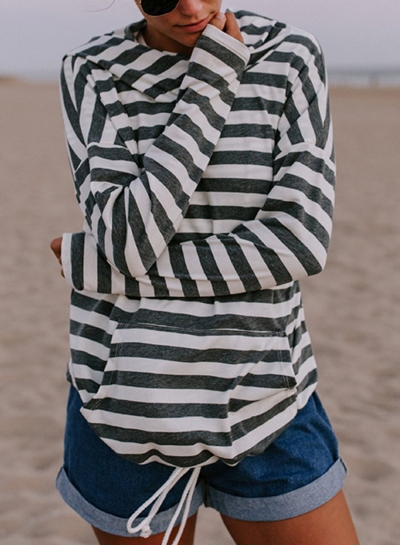 Casual Striped Long Sleeve Slim Pullover Hoodie With Pocket zecalaba.com