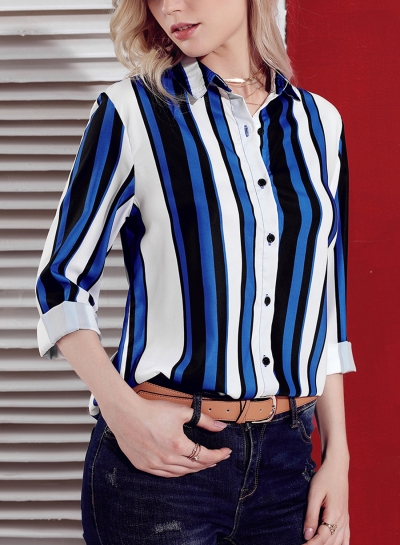 Blue Women's Striped Long Sleeve Turn-Down Collar Loose Button Down Shirt zecalaba.com