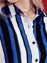 Blue Women's Striped Long Sleeve Turn-Down Collar Loose Button Down Shirt