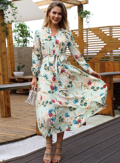 Green Floral Print V Neck Long Sleeve A-line Vocation Maxi Dress With Belt zecalaba.com