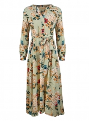 Green Floral Print V Neck Long Sleeve A-line Vocation Maxi Dress With Belt