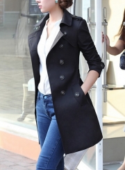 Black Casual Turn-Down Collar Long Sleeve Slim Fit Coat With Belt