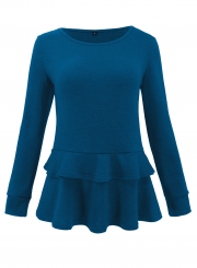 Blue Long Sleeve Round Neck Ruffle Hem Loose Solid Color Knitwear