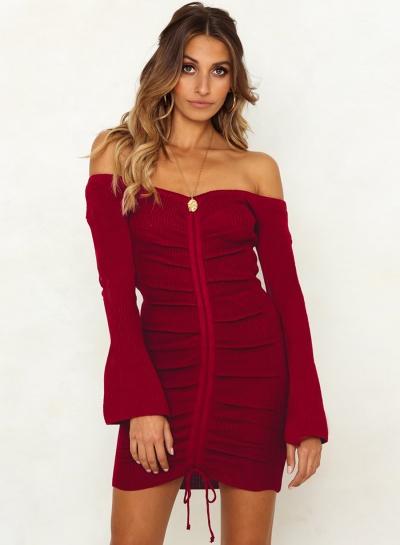 Burgundy Summer Off Shoulder Flare Sleeve Lace-Up Solid Color Bodycon Dress zecalaba.com