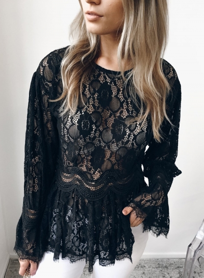 Black Sexy Long Sleeve Round Neck Lace Hollow Out Blouse zecalaba.com