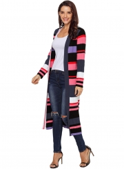 Casual Striped Long Sleeve Open Front Slim Long Cardigan