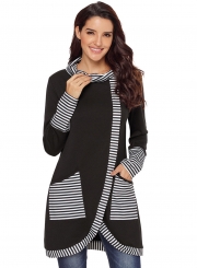 Black Casual Striped Cowl Neck Long Sleeve Irregular Sweatshirt With Pockets