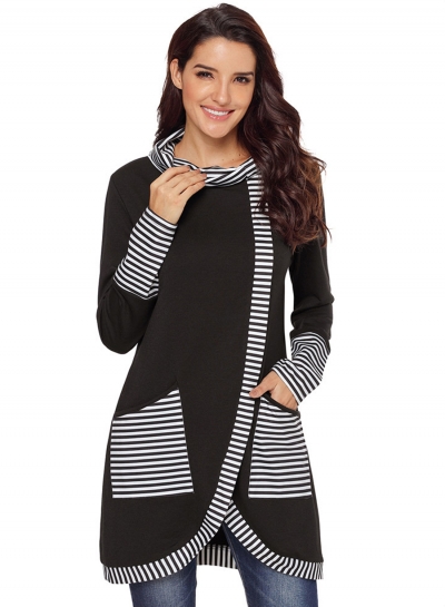 Black Casual Striped Cowl Neck Long Sleeve Irregular Sweatshirt With Pockets zecalaba.com