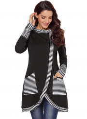 Black Casual Striped Cowl Neck Long Sleeve Irregular Sweatshirt With Pockets