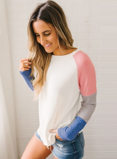 Color Block Long Sleeve Loose Fit Pullover Shirts Tops zecalaba.com