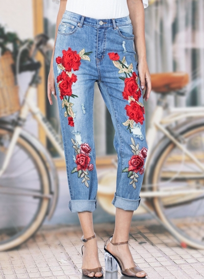 Casual Embroidered Ripped Distressed Loose Fit Jeans With Pockets zecalaba.com