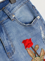 Casual Embroidered Ripped Distressed Loose Fit Jeans With Pockets