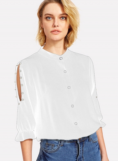 Half Sleeve Solid Color Button Down Shirt With Beading zecalaba.com