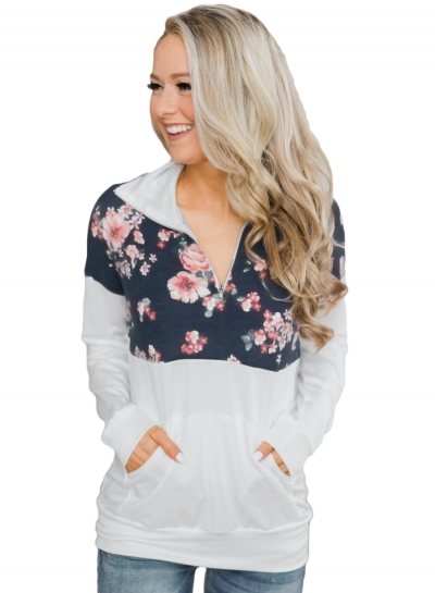 Floral Print Long Sleeve Zip Collar Loose Hoodie With Pocket lonhooker.com