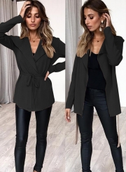 Turn-Down Collar Long Sleeve Solid Color Cardigan Waist Tie Coat