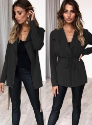 Turn-Down Collar Long Sleeve Solid Color Cardigan Waist Tie Coat