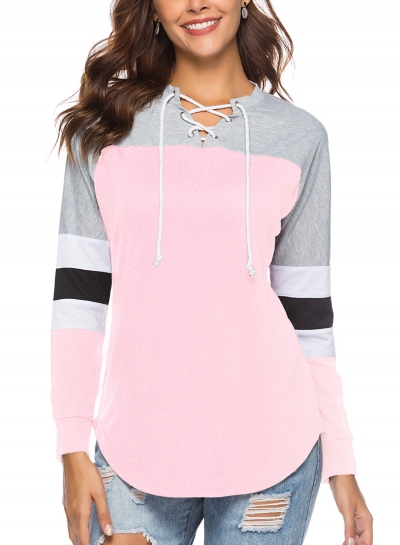 Casual Striped Long Sleeve Lace-Up Neck Color Block Loose Tee