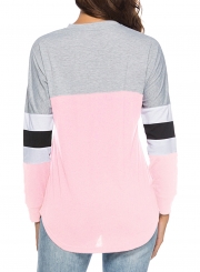 Casual Striped Long Sleeve Lace-Up Neck Color Block Loose Tee