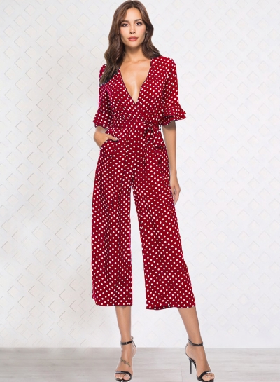 Sexy V Neck Half Sleeve Wide Leg Polka Dot Jumpsuit With Pockets zecalaba.com