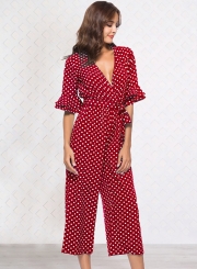 Sexy V Neck Half Sleeve Wide Leg Polka Dot Jumpsuit With Pockets