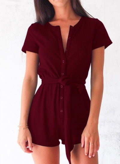 Casual Short Sleeve Round Neck Slim Button Down Wide Leg Romper zecalaba.com