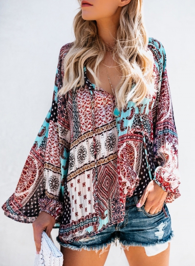 Multi Chiffon Boho Floral Print V Neck Long Sleeve Loose Blouse zecalaba.com