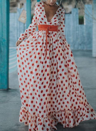 White Polka Dot V Neck Long Sleeve Beach Ruffle Maxi Dress With Belt zecalaba.com